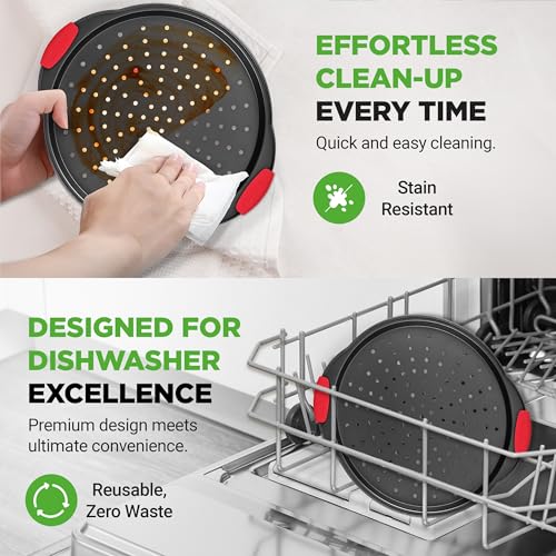 Image of NutriChef Pizza Tray Nonstick Pizza Baking Pan with Perforated Holes, 13-Inch - Round Carbon Steel Premium Bakeware Pizza Screen with Silicone Grip Handles, Dishwasher Safe - Grey