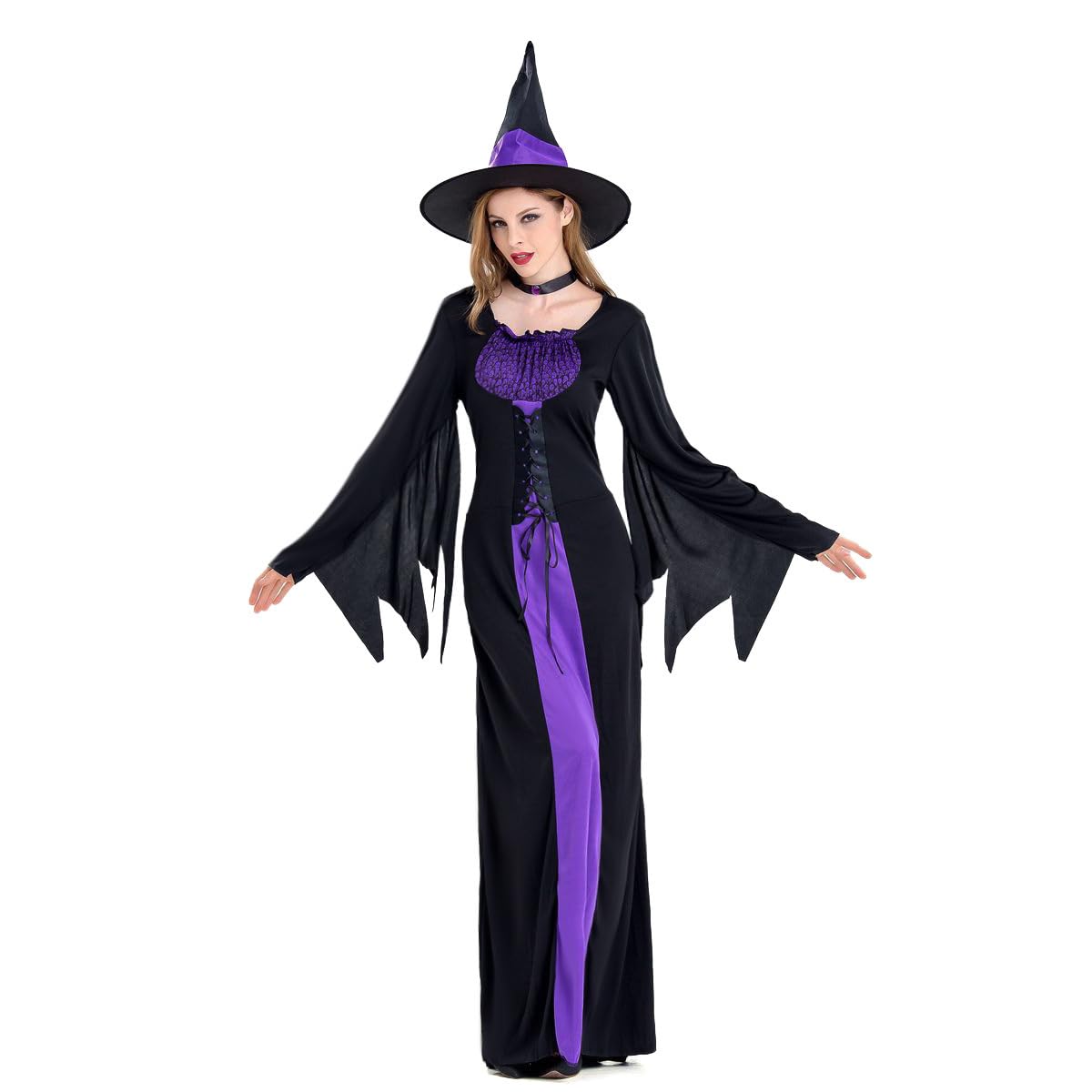 Gziztx Witches Costume Women Black and Purple Halloween Costumes for Women, with Wizard Hat, Choker, Adjustable Waist, for Halloween Party