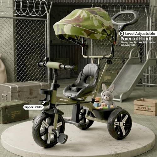 Image of Luusa Elite Pro 4-in-1 Kids Tricycle with Parent Push Handle, Adjustable Canopy, Safety Seat with Seat Belt, Storage Basket & Cup Holder | Toddler Trike for 1-4 Years Boys & Girls (Green)
