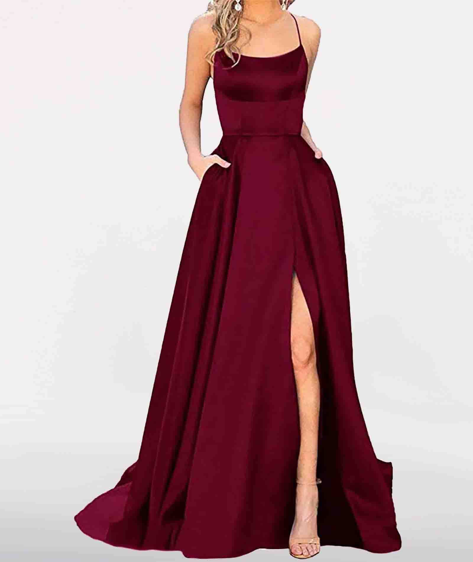 xxxiticat Abito da donna elegante, lungo, con tasche, in raso, linea ad A, senza spalline, abito da sera, sexy, con allacciatura al collo, spaghetti, lungo, da principessa, damigella d'onore