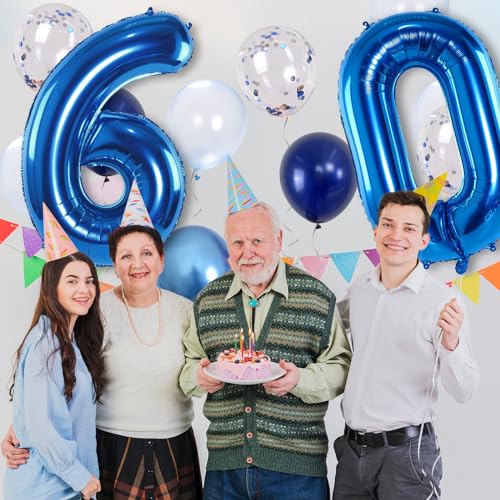 Image of 60 Balloon Number Blue, Big Number 60 Balloon Pastel Navy Dark Blue with Metallic Silver Confetti Balloon for Men 60th Birthday, Foil 40'' Self Inflating Balloon 60 for Anniversary Party Decorations