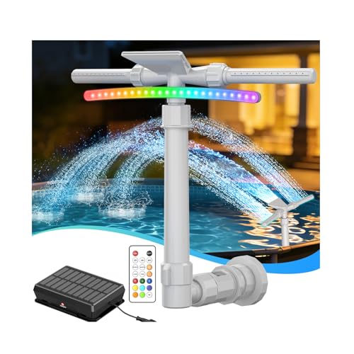 Mooroer Fontaine de Piscine Solaire Tête 2 en 1, Fontaine Cascade Réglable avec LED 9 Couleurs &...