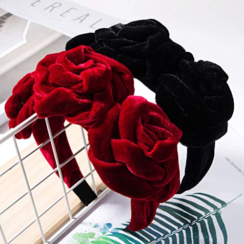 Golden Velvet Flower Headband with Large Flower Hair Clasp and Stylish Headband (Red) - Image 3