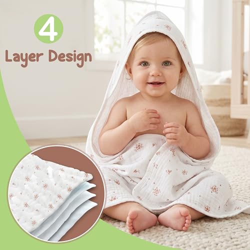 Image of 100% Organic Cotton Muslin Baby Hooded Towel, 32x32 in, Cinnamon & Wildflower, 2 Pack, Soft Absorbent 4-Layer Hooded Bath Towel for Newborns & Toddlers, Boys, Girls, Oeko-TEX