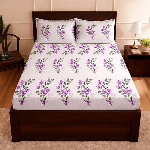 Image of Raymond Bedsheet 100% Cotton Feel Bedsheets 200 TC for Double Bed King Size (108 x108 Inch) with 2 Large Size Pillow Covers | Soft & Breathable | Wrinkle-Free | Premium Printed Design Purple