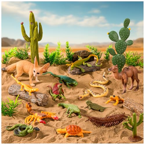XGHSHW 32 Pcs Desert Reptile Animal Figurines Set, Desert Project Diorama with Camel Fox Rattlesnake Scorpion Lizard Tree Cactus Desert Decor for Kids Cake Toppers Party Favors School Projects