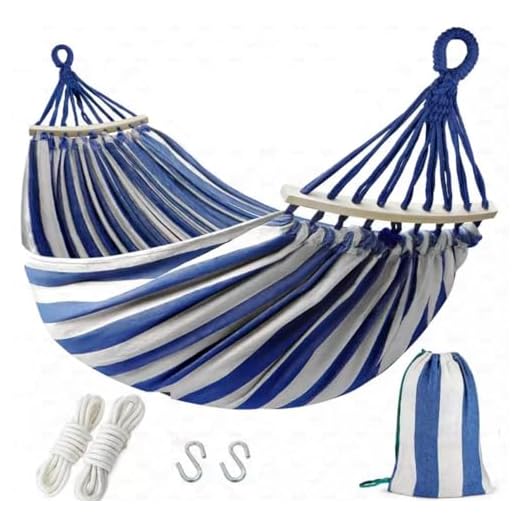 Tintonlife Brazilian Double Hammock Two Person Extra Large Canvas Cotton Hammock for Patio Porch Garden Backyard Lounging Outdoor and Indoor Blue/White Stripe 2 Person Hammock