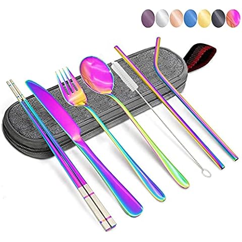 Cutlery Set, Travel Camping Cutlery Set, Reusable Stainless Steel Portable Utensils Including Case for Lunch School Camping Office (Rianbow) Cover