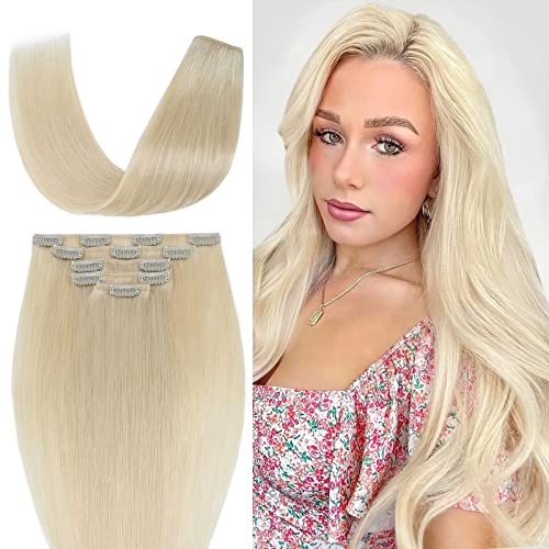 TESS Human Hair Extensions Clip in Real Hair Blonde Remy 5 Pieces Straight Natural Hairpieces for Women/Girls (#60 Platinum Blonde