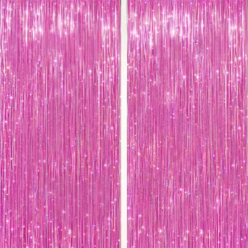 Image of DECOCKRAT 2 Pack Foil Fringe Backdrop - Laser Pink Shiny Tinsel Curtains for Party Decoration /Photo Booth Props - 3.3x6.6 FT Metallic Foil Backdrop for Birthday, Wedding, Graduation, Christmas.