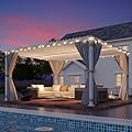 MELLCOM 10x12ft Louvered Pergola with Curtains and Nets, Aluminum Gazebo with Adjustable Rainproof Roof, White