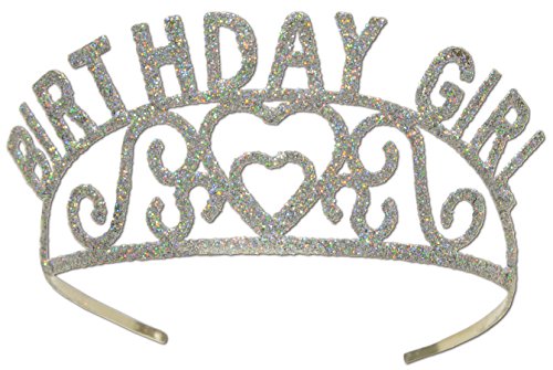 Beistle Glittered Durable Metal Happy Birthday Girl Headband Silver Sparkles Tiara Crown Headpiece, One Size