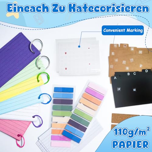 Gigmeta Karteikarten Box, Lernkarteibox mit 180 Bunten Verdickten Liniert Karteikarten, 15 Registern, 6 Ringen und 6 Aufklebern – Perfekt für Studium, Schule, College, Büro und Zuhause