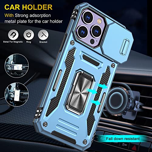 Image of Polycarbonate Slide Camera Cover with Ring Holder Mobile Phone Back Cover for iPhone 14 Pro (Blue)