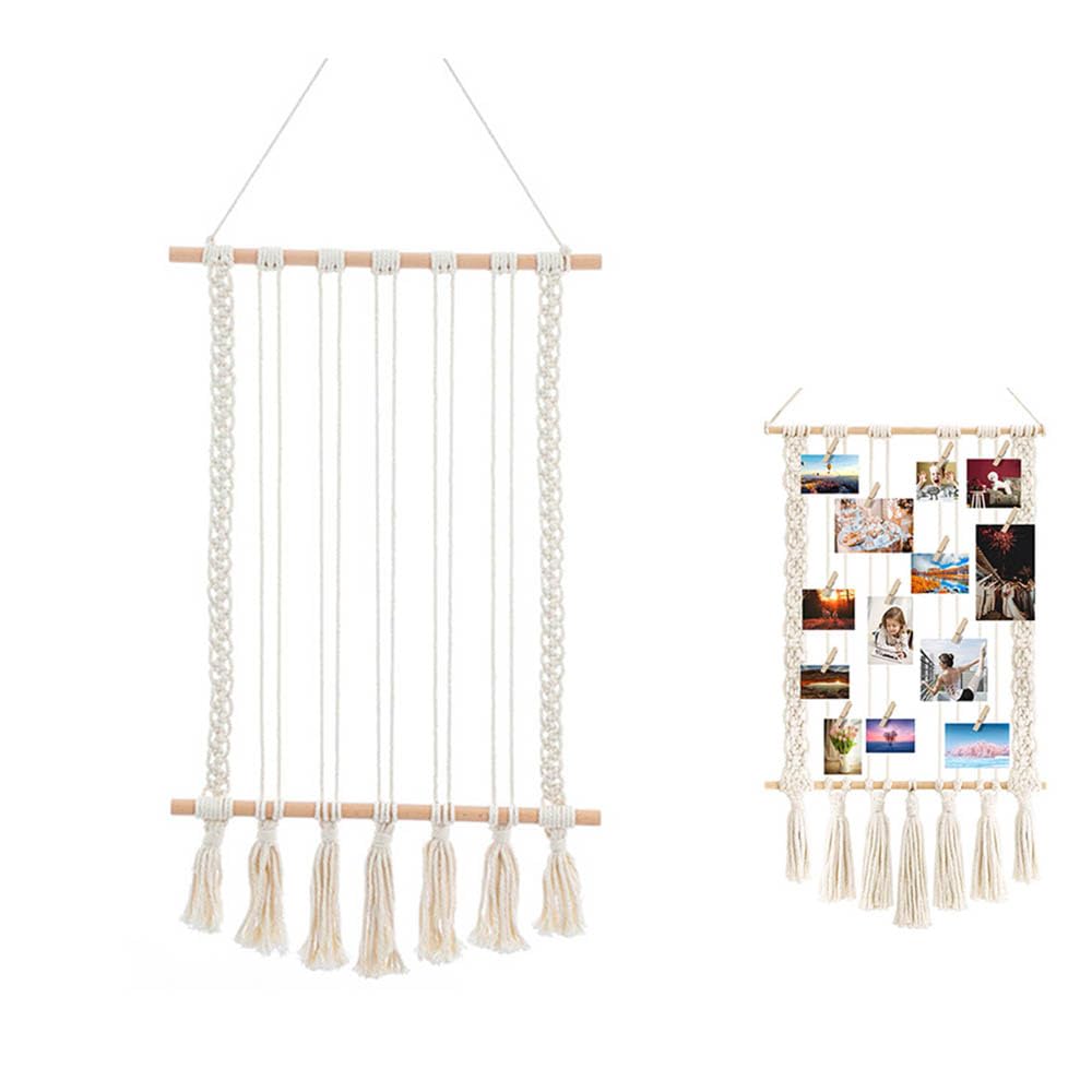 MOUMOUTEN Hanging Photo Display, Boho Macrame Wall Decor, Picture Frame Collage Board with 10 Wood Clips, for Birthday Party Room Bedroom Dorm, White
