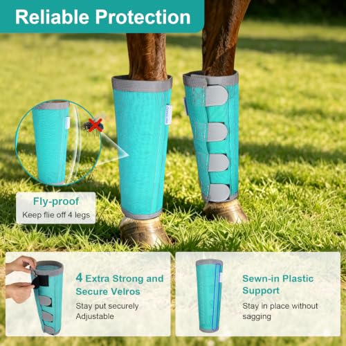 Image of Reflective Horse Fly Boots Set of 4, Loose Fitting Leggings for Horses, Equine Fly Leg Wraps Socks for 4 Legs, Breathable Adjustable and Universal Fit, Reliable Stay Put and on (Sky Blue)