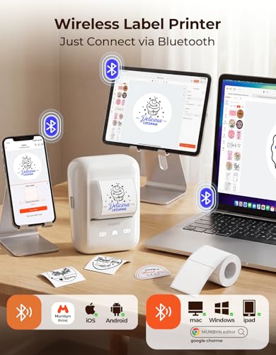 Image of MUNBYN 6-in-1 Label Printer & Sticker Printer, Bluetooth Thermal Printer for Phone & PC, 2-Color Printing with Auto-Center Alignment, Barcode, Custom Labels, Address & Logo Labels, 1 Roll Included