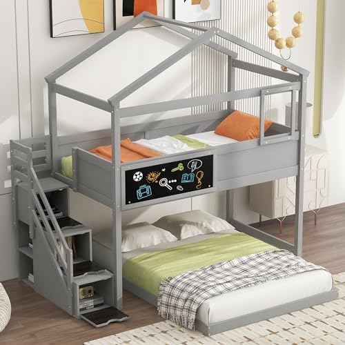 House Bunk Bed Twin Over Full Size with Storage Staircase and Blackboard, House Shape Solid Wood Bunk Bed Frame for Aldults Teens Kids, Can be Split Twin Low Loft Bed wiht Full Floor Bed (Grey-2)