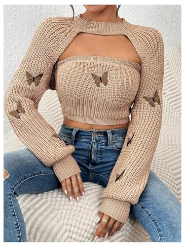 Image of SOLY HUX Sweaters for Women Butterfly Embroidery Tube Knit Tops and Cropped Shrug Sweater Apricot Butterfly Medium