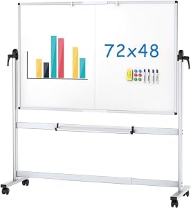 VIZ-PRO Double-Sided Mobile Whiteboard, 72 x 48 Inches, Magnetic Rolling Dry Erase White Board on Wheels with Aluminium Frame and Stand
