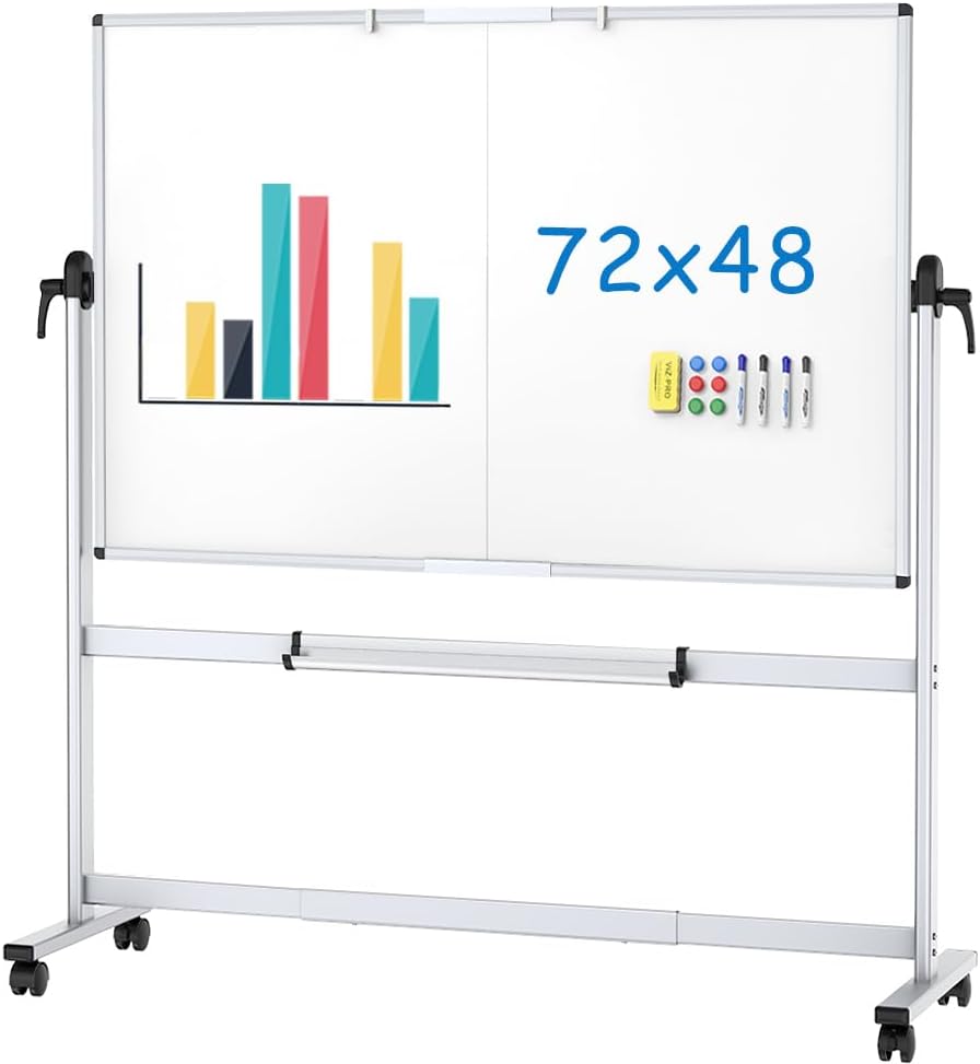 Double-Sided Mobile Whiteboard, 72 x 48 Inches, Magnetic Rolling Dry Erase White Board on Wheels with Aluminium Frame and Stand 6' x 4'