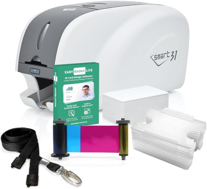 IDP Smart 31 ID Card Printer Bundle with ID Badge Accessories and Card Holders with Lanyards