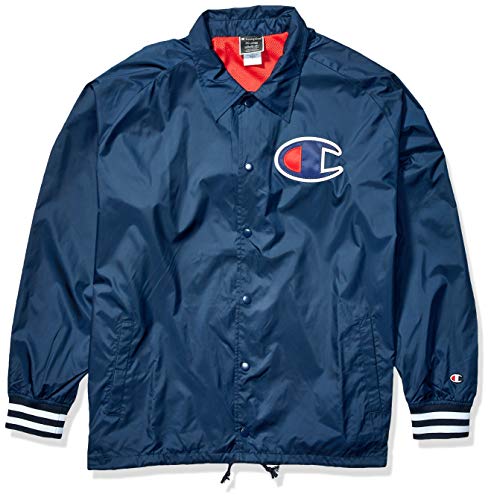 Champion LIFE Men's Satin Coaches Jacket with Ribbed Cuffs, Navy w/Twill c Logo, Large