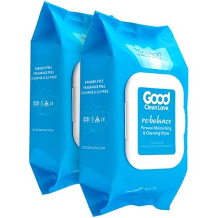 Good Clean Love Rebalance Personal Moisturizing & Cleansing Wipes, Naturally Reduces Odor & Supports Vaginal Health, pH-Balanced Feminine Hygiene Product, 60 Biodegradable Wipes