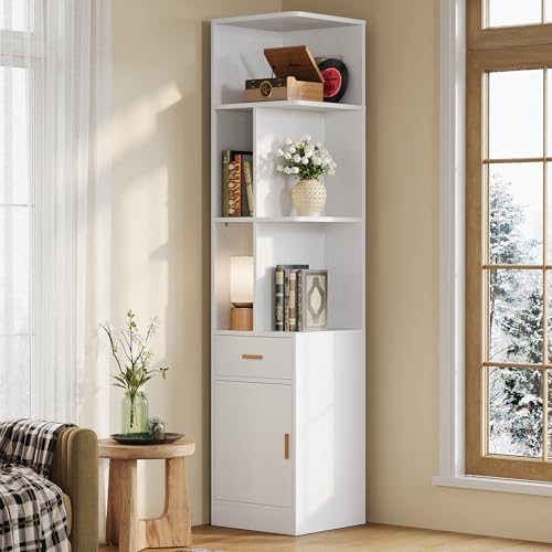 IRONCK Corner Bookshelf，72.8" Tall Corner Shelf with Drawer and Door,