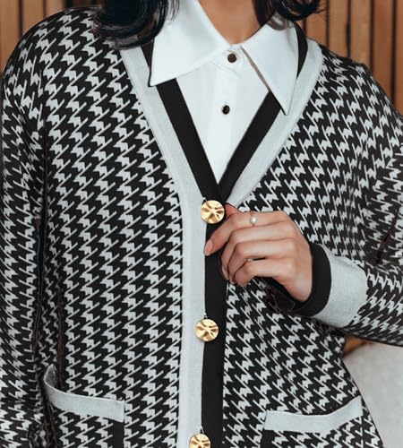 Image of Women's Houndstooth Knit Cardigan Sweater V-Neck Button-Down Jacket with Pockets
