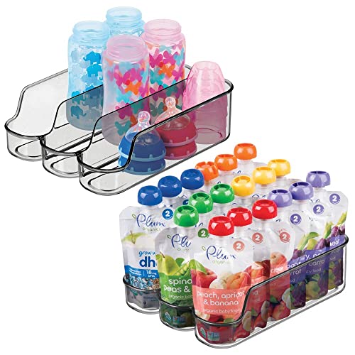 Image of mDesign Small Plastic Kitchen Storage Divided Bin for Child/Kids Supplies - 3 Compartments to Organize Baby Food Jars, Pouches, Bottles, Sippy Cups, Cans, Pacifiers, Shampoo - 2 Pack - Smoke Gray
