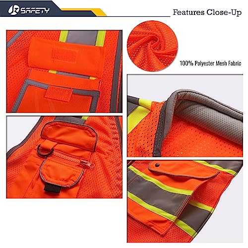 Image of JKSafety 9 Pockets Hi-Vis Safety Vest Breathable Mesh Fabric Cushioned Collar Work Utility PPE Lightweight Industrial Work Gear ANSI /ISEA compliant (101-Orange M)