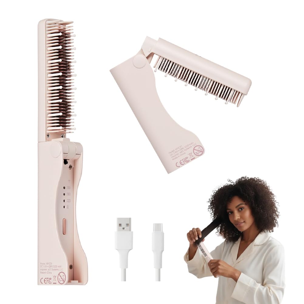 Cordless Hair Straightener Brush, Portable Mini Straightening Brush with Ceramic Plates & 3 Heat Settings, Fast Heating & Rechargeable, Folding Comb for Travel, Great for Smoothing Frizzy Hair