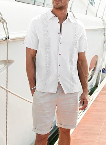 Jmierr Mens Cotton Linen Guayabera Shirts Casual Stylish Button Up Short Sleeve 2023 Summer Beach Shirt Cuban Camp Shirt For Men,Us 48(2Xl),White #TOP2