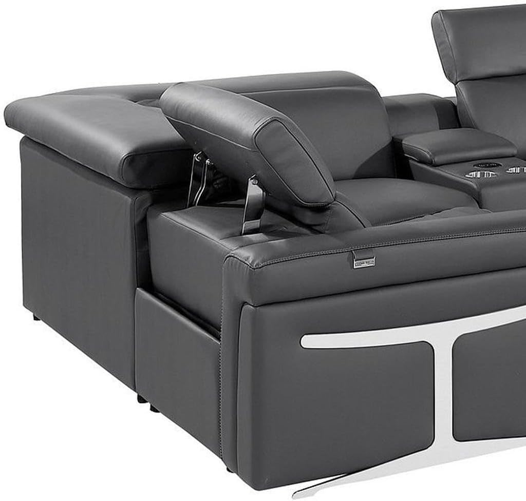 HomeRoots Dark Gray Italian Leather Power Reclining U Shaped Eight Piece Corner Sectional with Console