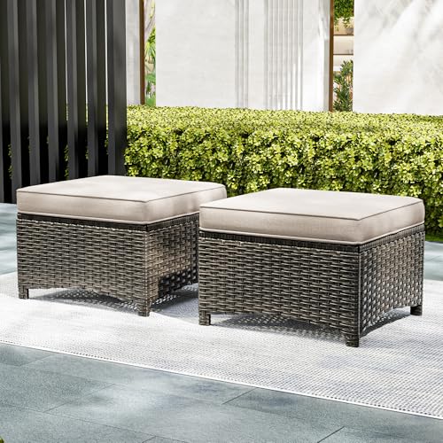 Joyside Outdoor Ottomans for Patio Set of 2 PE Wicker Steel Frame Outdoor Footstool with Removable Olefin Cushions for Garden, Patio, Backyard and Deck, Beige - Thumbnail 7