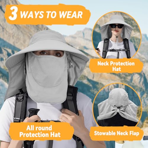 Image of Sun Hats for Men Women Detachable Face Cover Wide Brim Fishing Hats with Neck Flap UPF 50+ Outdoor Safari Hats