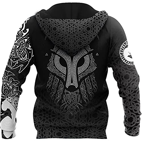 Norse Sweatshirt Zip Hoodie,Fenrir Wolf Odin Viking Tattoo 3D Print Pullover,Celtic Pagan Casual Couples Streetwear2