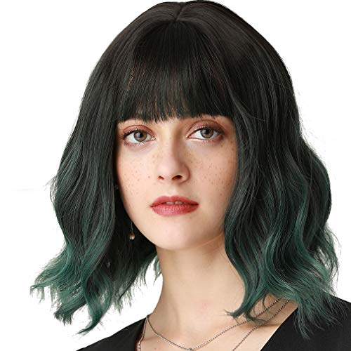 Short Wavy Wig With Bangs Ombre Green Curly Women's Bob Cosplay Wig Soft Charming Synthetic Hair for Girl Colorful Costume Bachelorette Party (12" Ombre Green)