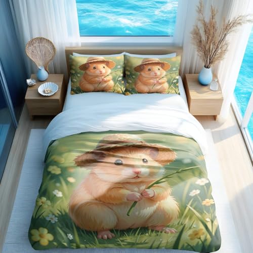 Cute Golden Hamster Cartoon Duvet Cover Set, Whimsical Animal Print Bedding, Soft 3 Piece Multi-Size Selection (10,Twin 68inx86in)