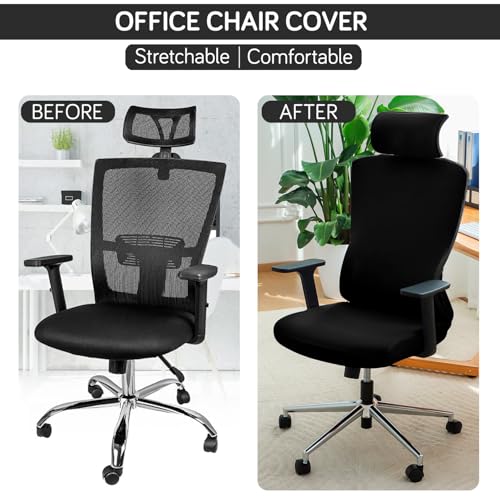Image of HOKIPO 'SereneSolids' 140 GSM Office Chair Cover with Headrest (High-Back) - 140 GSM Stretch Fabric - Washable, Anti-Slip Fit for Ergonomic Mesh Office Chairs, Black (AR-5369-BLK)