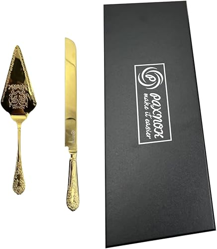 Miniatura 8 de Juego de 2 cuchillos dorados para pastel de boda y servidor con caja de regalo de lujo, juego de cuchillos de cumpleaños y juego de corte de tartas