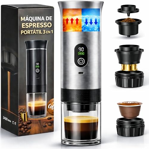 Cafetera Portatil Capsulas 3 en 1 – Compatible con Nespresso, Dolce Gusto y Cafe Molido | Maquina de Café Portátil para Viaje | Mini Cafetera Portátil con Pantalla LED –Versión 2025 Mejorada (80 ml)