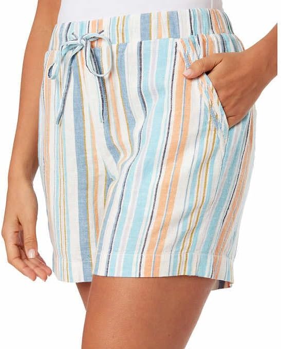 Briggs Ladies' Linen Blend Pull-On Short (Blue Stripe-XL)