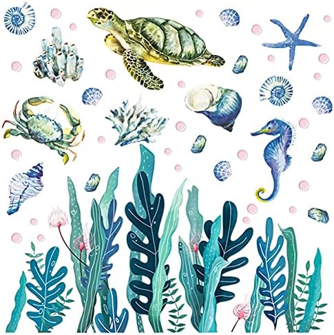 HOMICO Under The Sea Wall Decals Art Ocean Beach Wall Sticker Sea Turtle Wall Stickers Ocean Grass Seaweed Decal Pink Bubbles Vinyl Wall Sticker Sea Crab Conch Starfish Seashell Removable Sticker