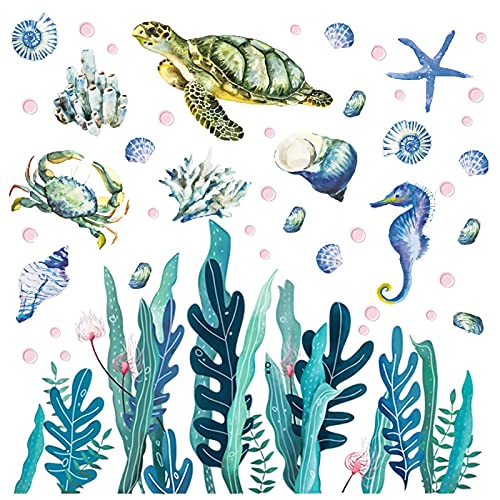 Homico Under The Sea Wall Decals Art Ocean Beach Wall Sticker Sea Turtle Wall Stickers Ocean Grass Seaweed Decal Pink Bubbles Vinyl Wall Sticker Sea Crab Conch Starfish Seashell Removable Sticker #TOP18