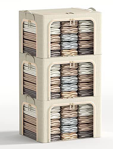 Image of 3 Opeings Large Clothes Storage Bins with Metal Frame, Foldable Storage Bin for Clothes, Clothing Storage Bins with Lid, Linen Storage Box With Clear Window& Zippers& Durable Handles.(3 Pcs,Beige,66L)