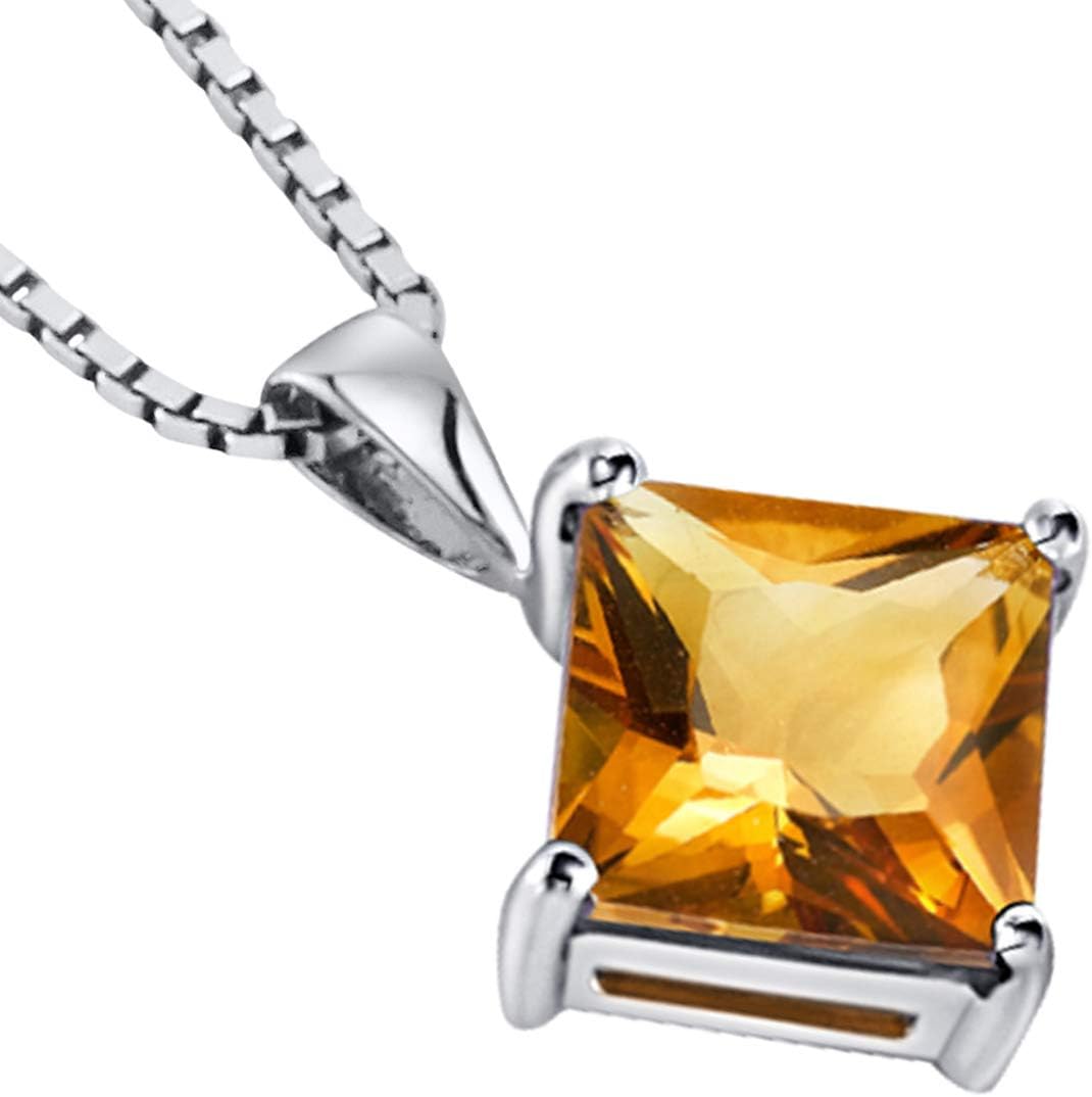 PEORA Solid 14K White Gold Citrine Pendant for Women, Genuine Gemstone Classic Solitaire, Princess Cut, 8mm, 2.25 Carats total, November Birthstone Citrine Necklace, Real Citrine Necklace