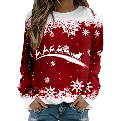 Christmas Jumpers Women Christmas Jumper Ladies Xmas Tops Comfortable Tunic Tops Sweatshirt Xmas Printed Warm and Comfort Loose Fit Womens Longline Jumpers Red