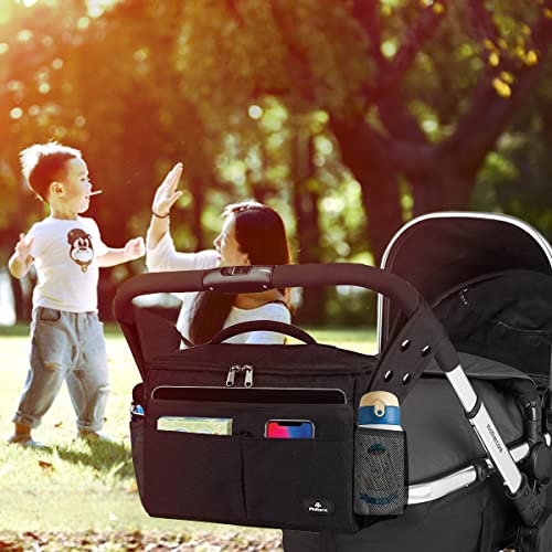 Philorn Kinderwagen Organizer mit Isolierte Getränkehalter, Universal Kinderwagentasche, Baby Große Wickeltasche Kinderwagen, Kinder Buggy Organizer mit Reißverschlusstasche, Schultergurt, Schwarz